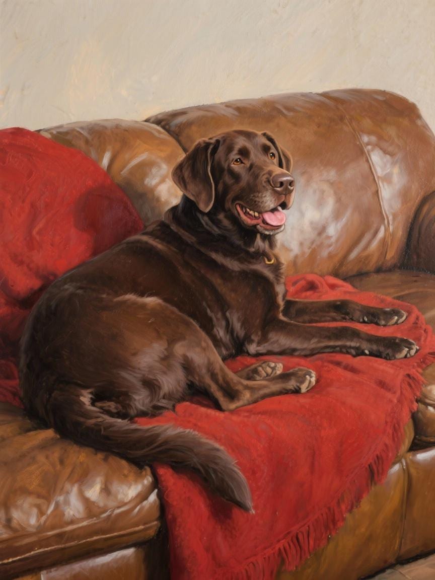 A brown dog is sitting on a brown leather couch, with its tongue out, and is wearing a red blanket.