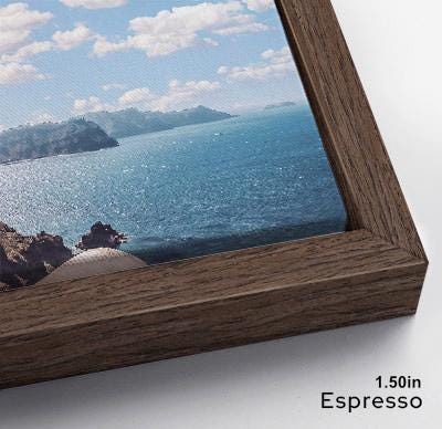 The image is a framed photograph of a scenic view of the ocean, with a rocky coastline and mountains in the background.