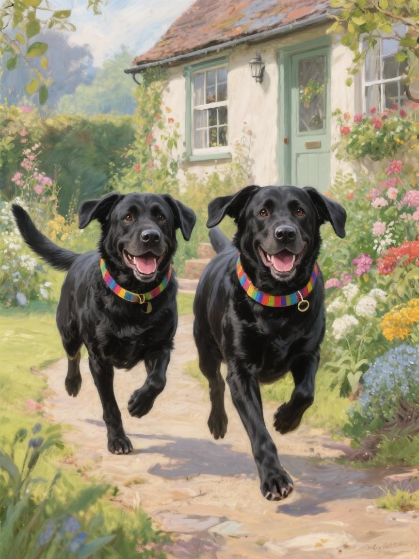 Two black dogs with colorful collars are running happily down a path in front of a quaint cottage surrounded by a lush garden filled with flowers.