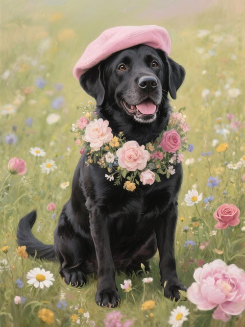A black dog wearing a pink hat and a floral collar is sitting in a field of colorful wildflowers.