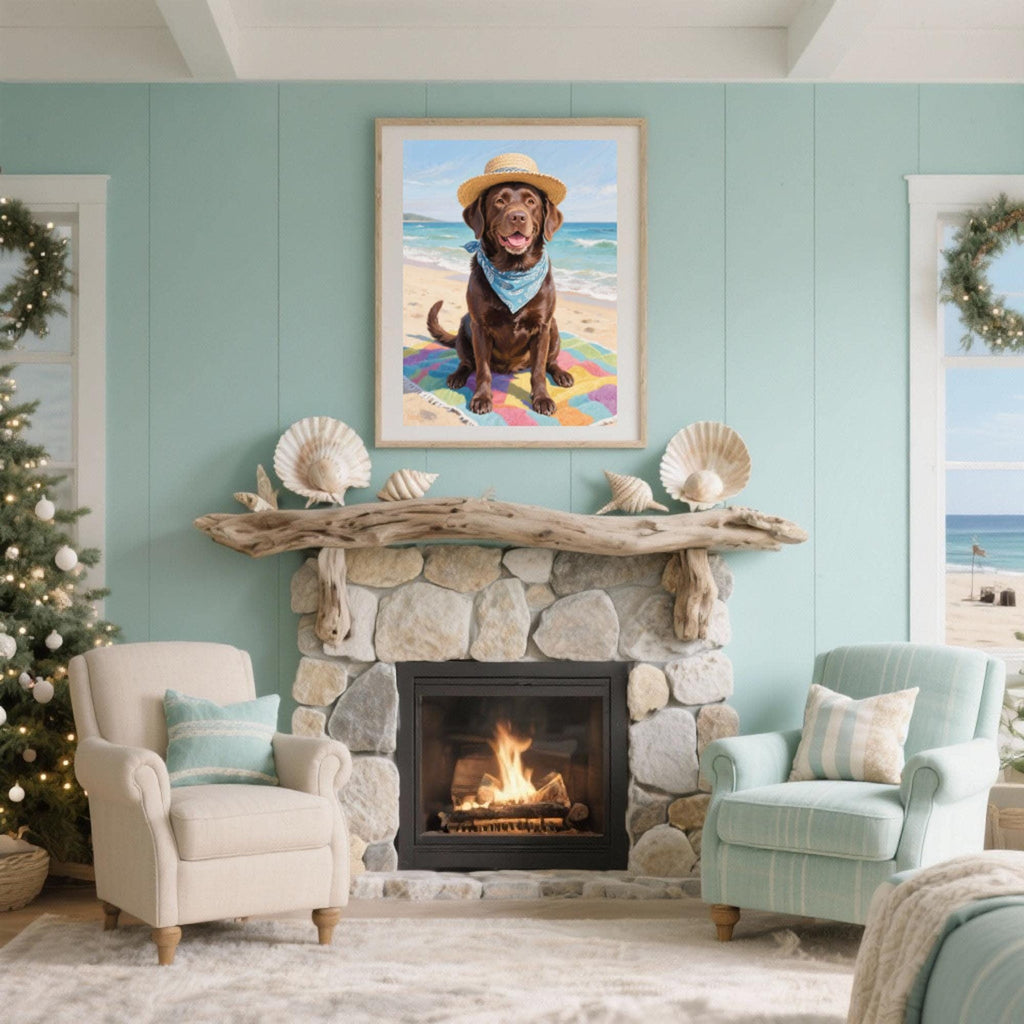 a cozy living room with a fireplace, a framed painting of a dog wearing a hat and sitting on a beach, and two armchairs. The room has a beach-themed decor, including a Christmas tree and seashell decorations.
