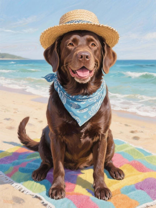 A brown dog wearing a straw hat and a blue bandana is sitting on a colorful beach towel, with the ocean and sky visible in the background.