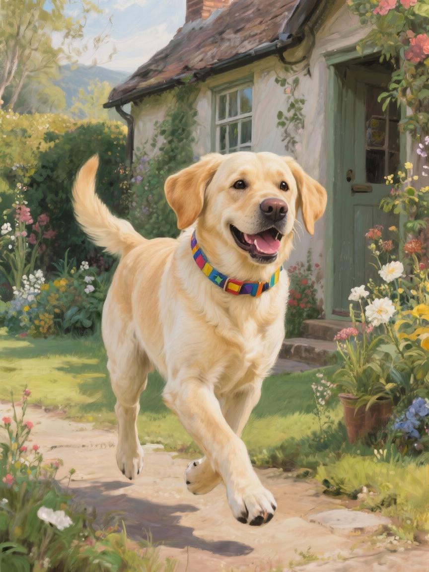 A cheerful golden retriever dog is running happily on a path in front of a quaint cottage surrounded by colorful flowers and lush greenery.