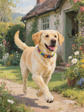A cheerful golden retriever dog is running happily on a path in front of a quaint cottage surrounded by colorful flowers and lush greenery.