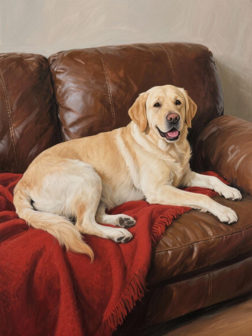 A golden retriever dog is comfortably lying on a brown leather couch, with its head resting on a red blanket.
