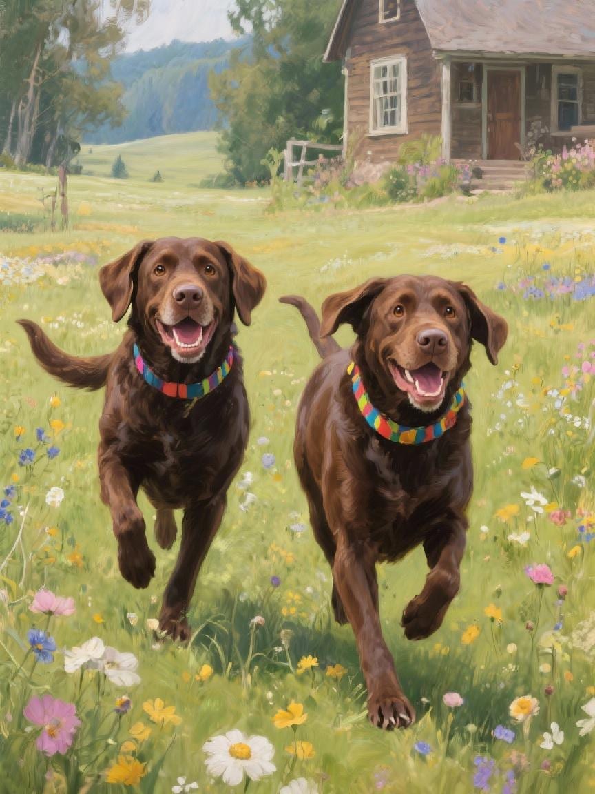Two brown dogs running happily through a colorful field with a wooden house in the background.