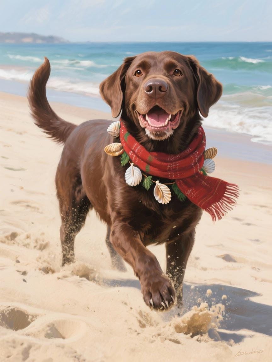 A happy brown dog running on a sandy beach, wearing a red scarf with seashells and a big smile on its face.