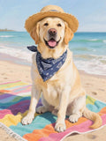A golden retriever wearing a straw hat and a blue bandana sits on a colorful beach towel, with the ocean and sky visible in the background.