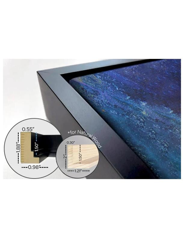 a close-up view of a black frame with a blue and purple abstract painting inside it. The frame appears to be made of natural wood, and there are measurements and text visible, including the dimensions of the frame and the painting.