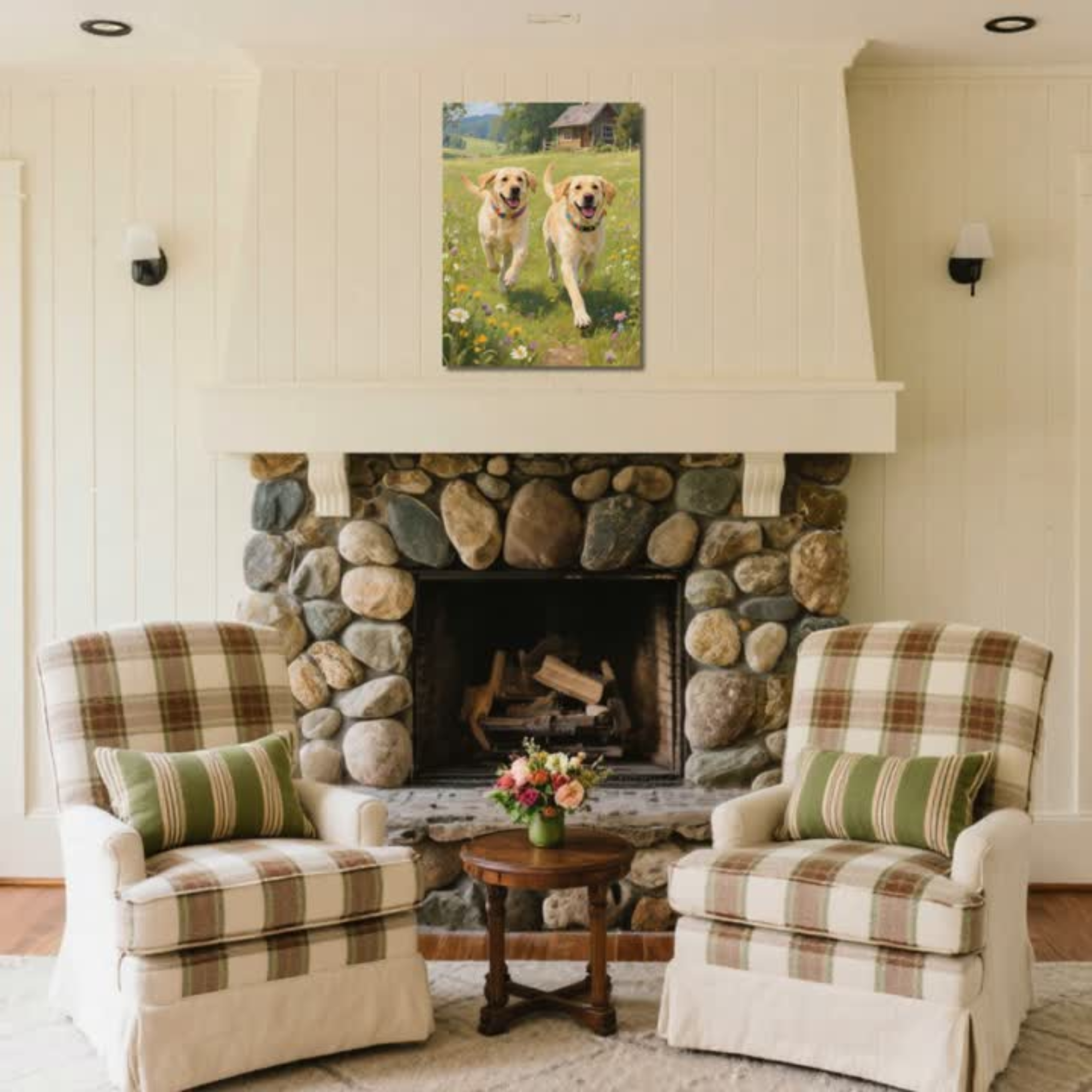 a cozy living room with a stone fireplace, two plaid armchairs, and a wooden coffee table. Above the fireplace, there is a framed painting of two dogs in a grassy field.