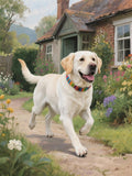 A white dog with a colorful collar is running happily on a dirt path in front of a quaint cottage surrounded by a lush garden filled with colorful flowers.