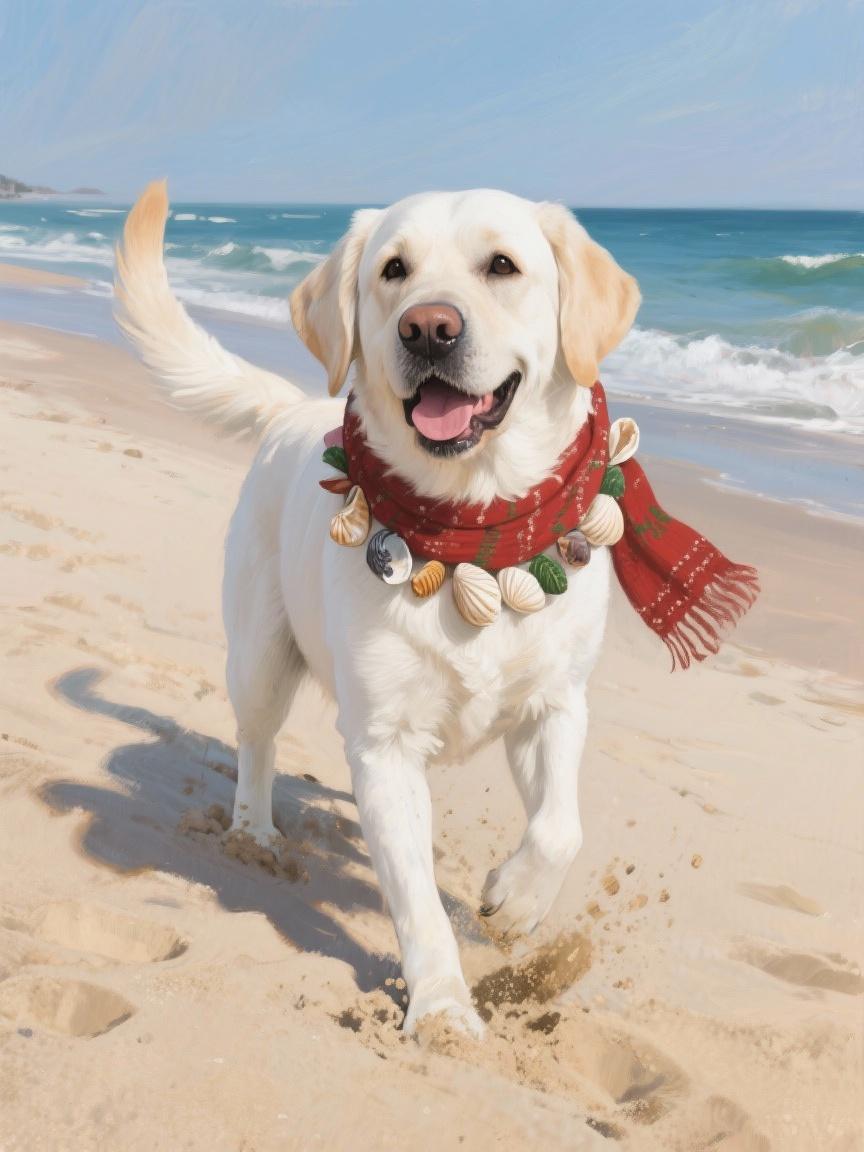 White Lab Beach Scene w/Scarf & Shells | Wall Art