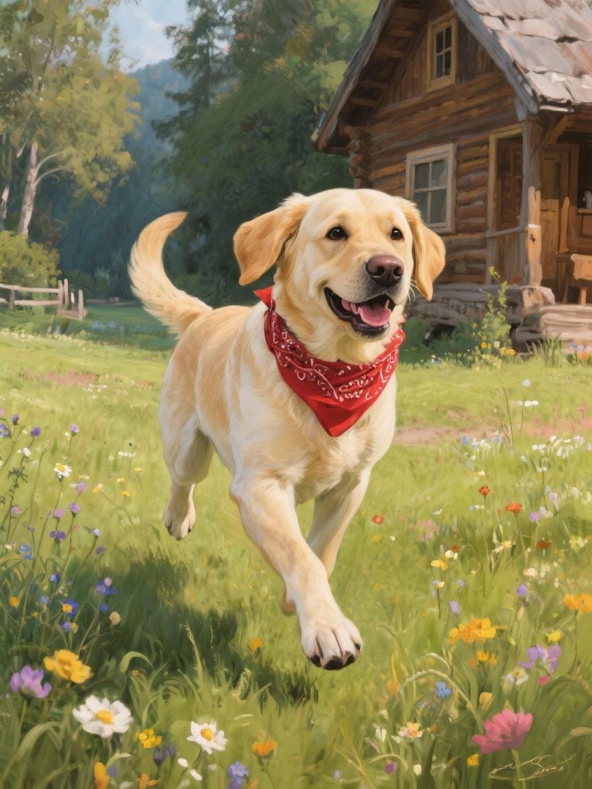 A happy golden retriever dog wearing a red bandana is running through a colorful meadow with wildflowers, in front of a rustic wooden cabin.