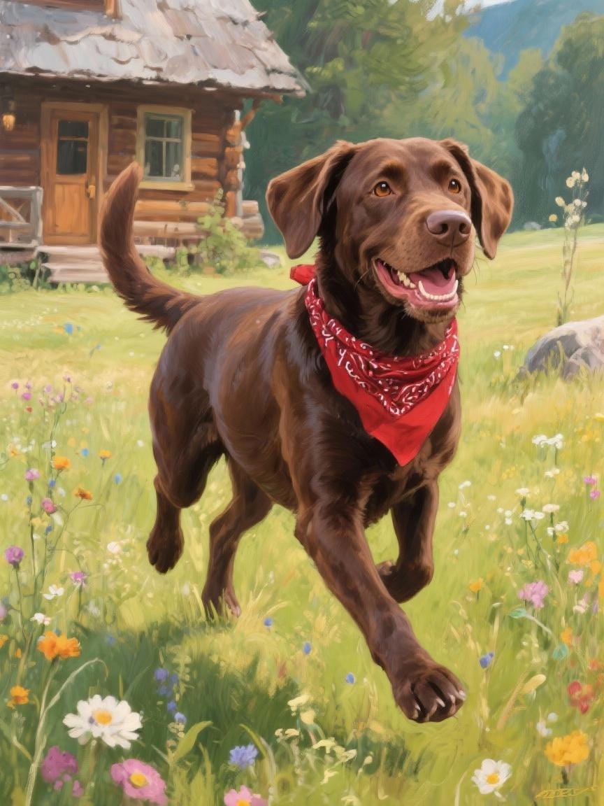 A brown dog wearing a red bandana is running through a field of colorful wildflowers, with a wooden cabin in the background.