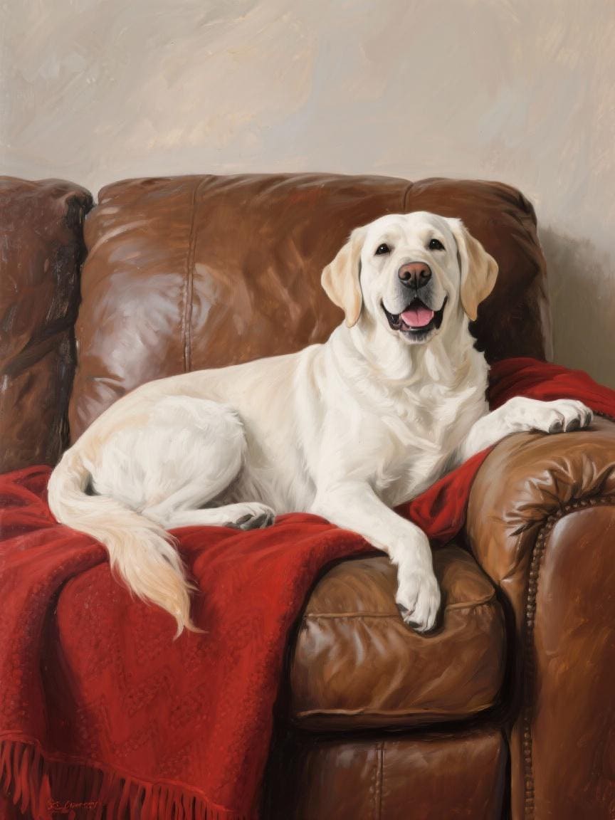 A white Labrador Retriever dog is sitting comfortably on a brown leather couch, with its tail hanging over the edge of the couch.