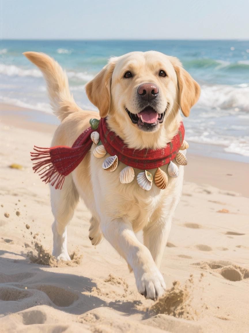 Yellow Lab - Beach Scene w/Scarf & Shells | Wall Art