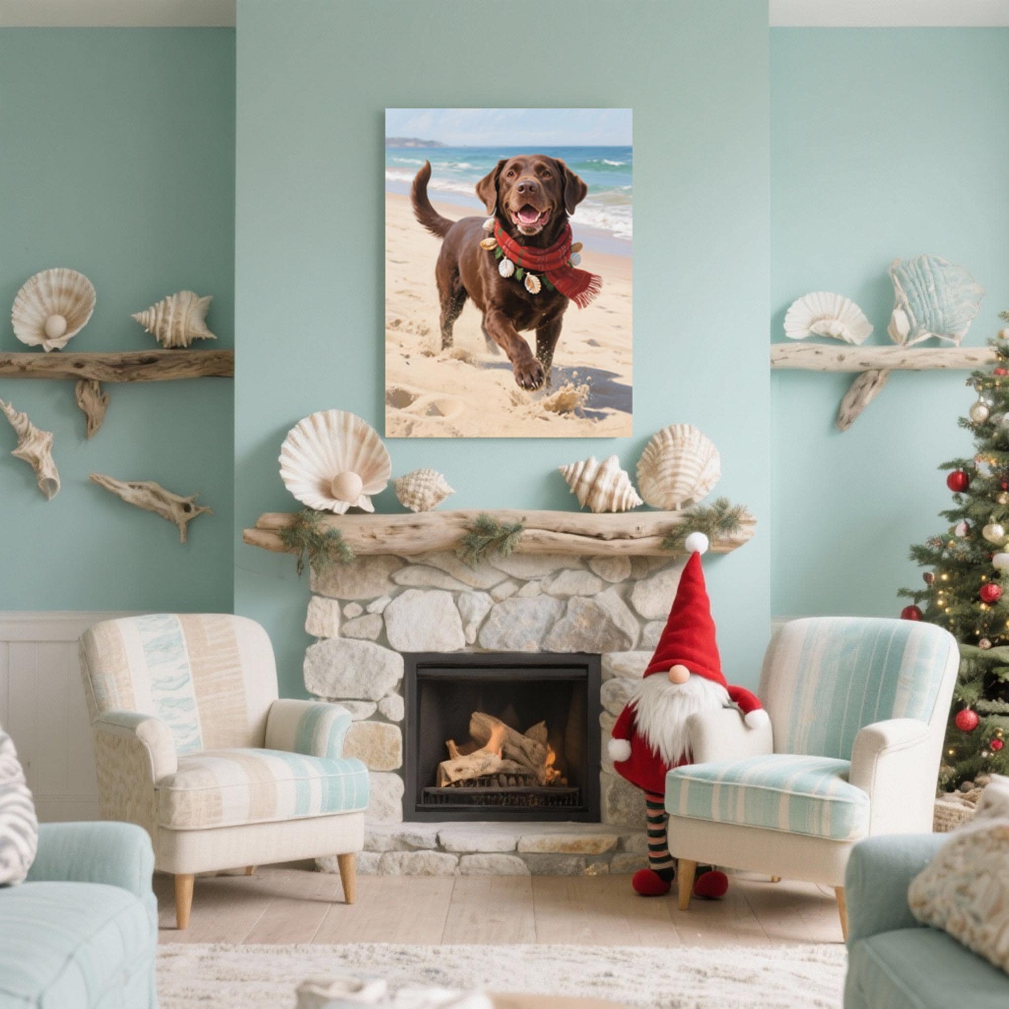a cozy living room with a fireplace, a Christmas tree, and a dog wearing a red scarf. The room has light blue walls and a stone fireplace. A framed photo of a dog on the fireplace mantel is the focal point of the room.