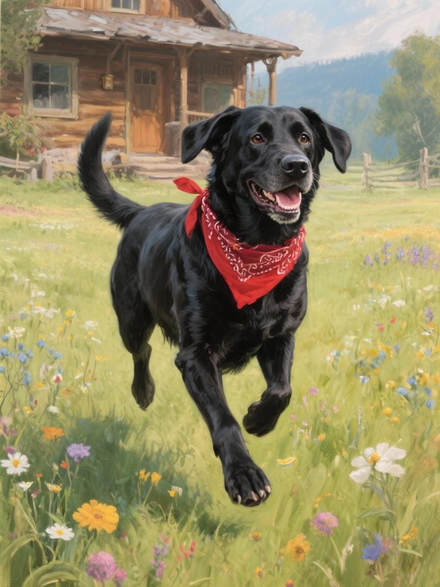 A black dog wearing a red bandana is running through a field of colorful wildflowers, with a rustic wooden cabin in the background.