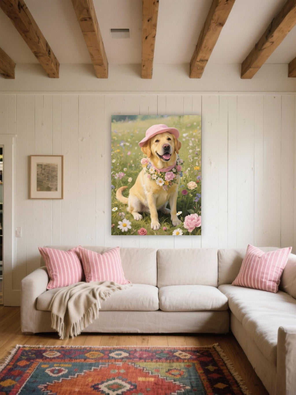 a large, cheerful yellow dog sitting in a field of flowers, wearing a pink hat and a flower garland around its neck. The dog is surrounded by a variety of colorful flowers, creating a vibrant and lively scene.