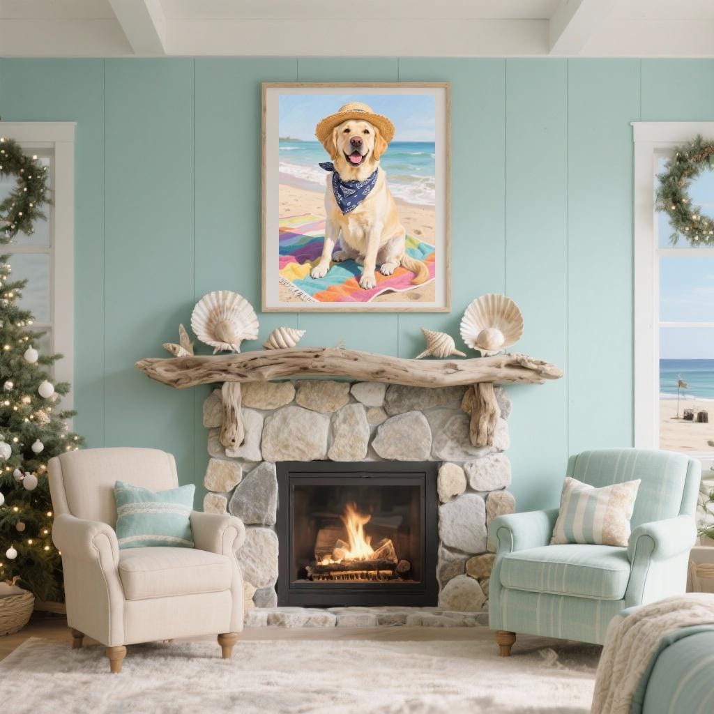 a cozy living room with a fireplace, a framed picture of a dog on a beach, and a Christmas tree.