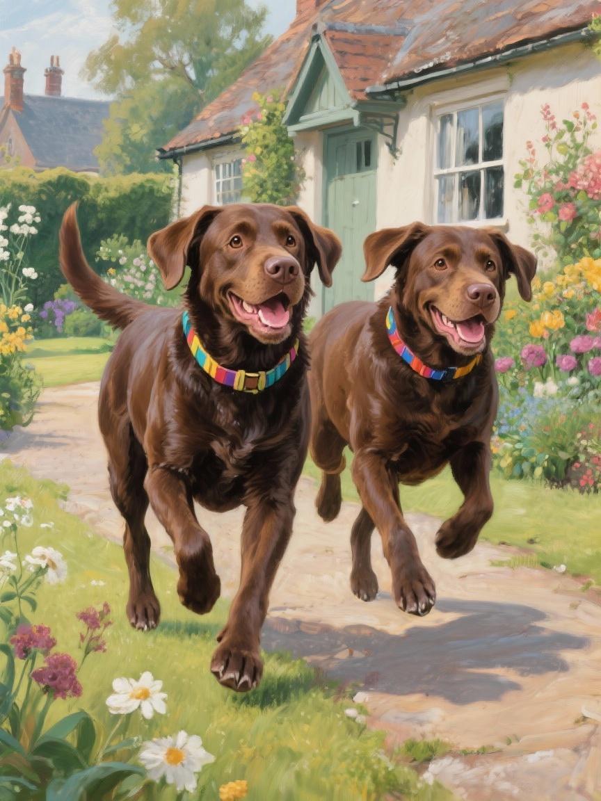 Two brown dogs with colorful collars are running happily down a path in a garden, with a white house and colorful flowers in the background.