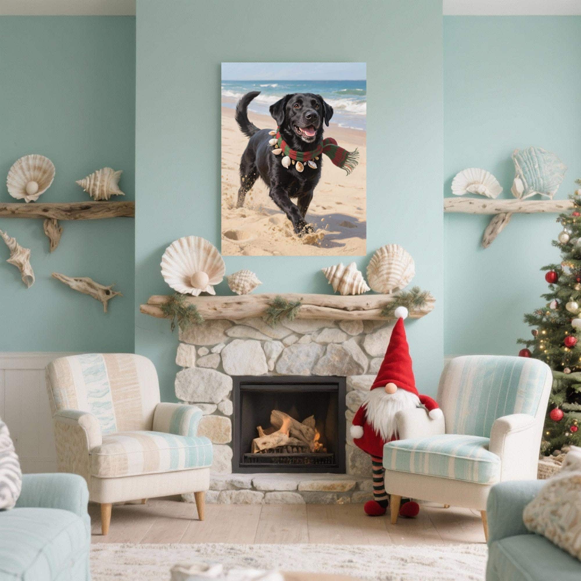 a cozy living room with a fireplace, a Christmas tree, and a dog standing in front of the fireplace. The dog is wearing a red Santa hat and appears to be enjoying the holiday atmosphere.