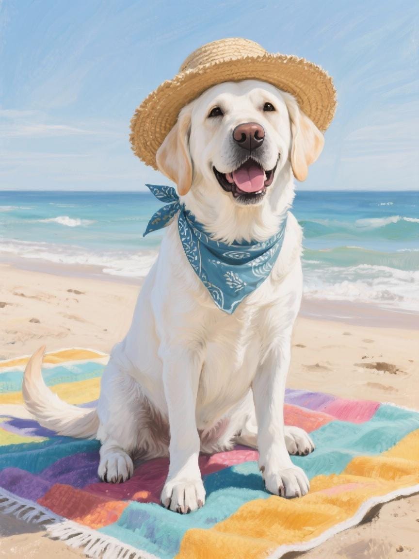 A white dog wearing a straw hat and a blue bandana sits on a colorful beach towel, with the ocean and clear blue sky in the background.