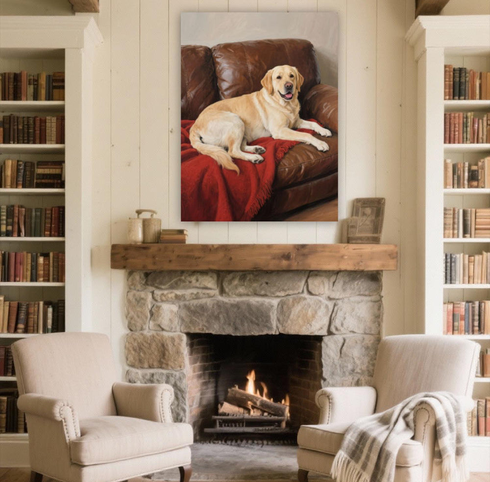 a cozy living room with a fireplace, two armchairs, and a large painting of a dog on the wall.