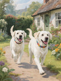 Two white dogs with colorful collars are running happily down a path in front of a charming white cottage with a green door and a flower-filled garden.