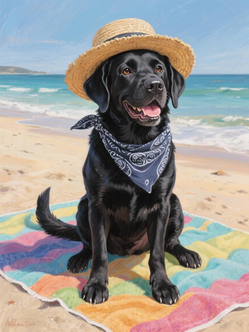 A black dog wearing a straw hat and a blue bandana sits on a colorful beach towel, with the ocean and sky visible in the background.