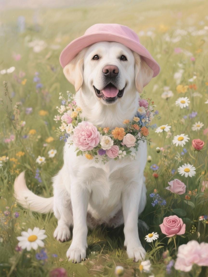 A white dog wearing a pink hat and a floral collar is sitting in a field of colorful wildflowers.