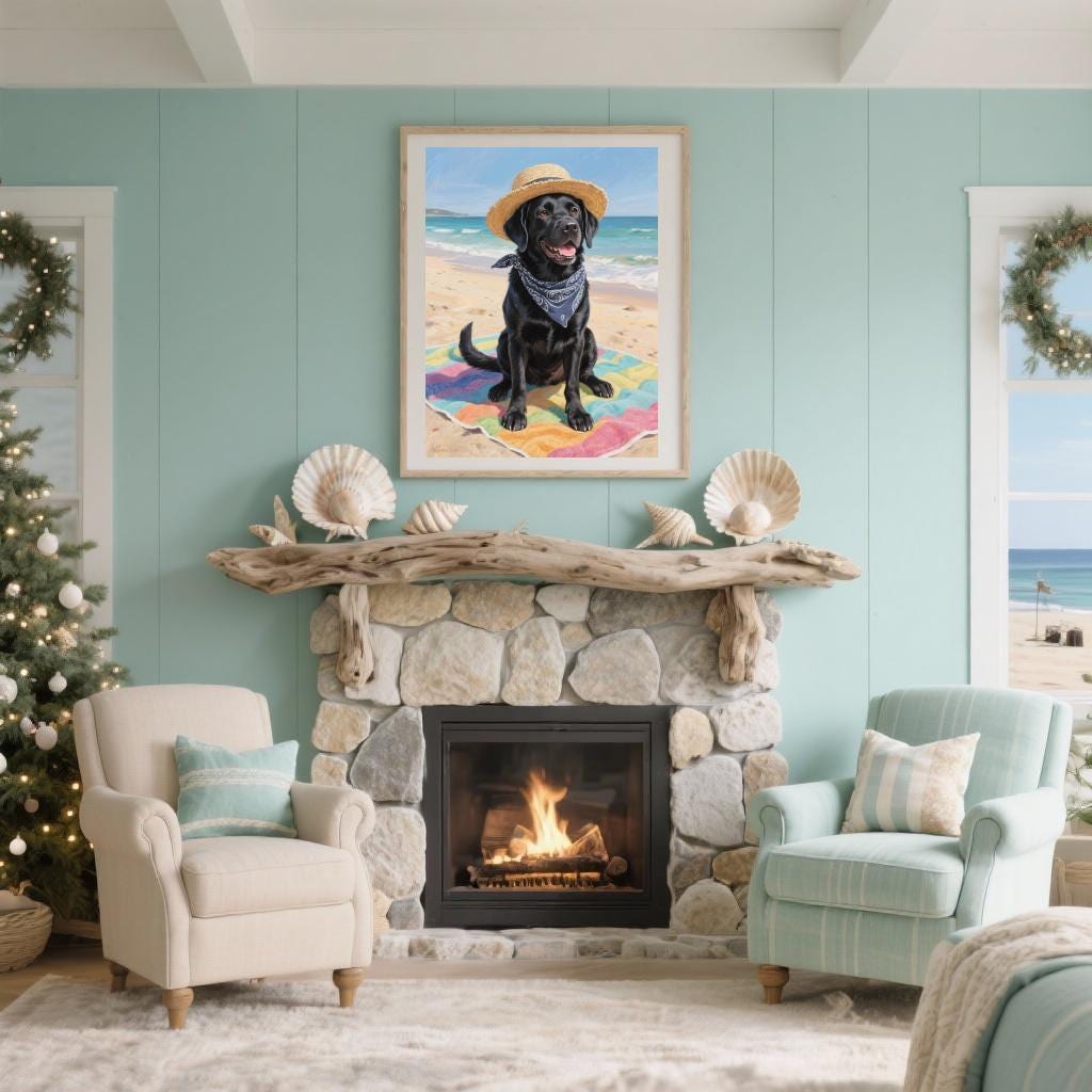 a cozy living room with a fireplace, a framed painting of a black dog on a beach, and a Christmas tree. The room has a blue and white color scheme, with a stone fireplace and a comfortable seating arrangement.