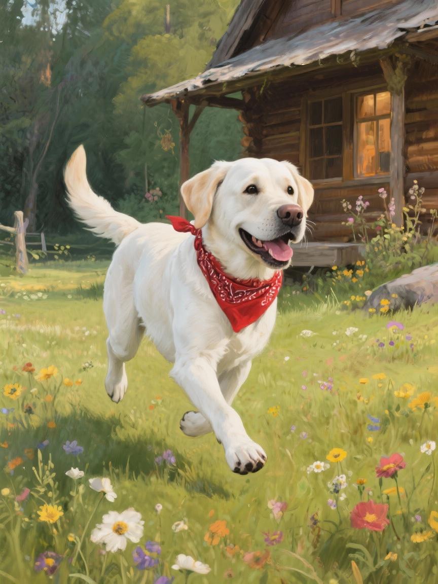 A white dog wearing a red bandana is running through a field of colorful wildflowers, with a wooden cabin in the background.