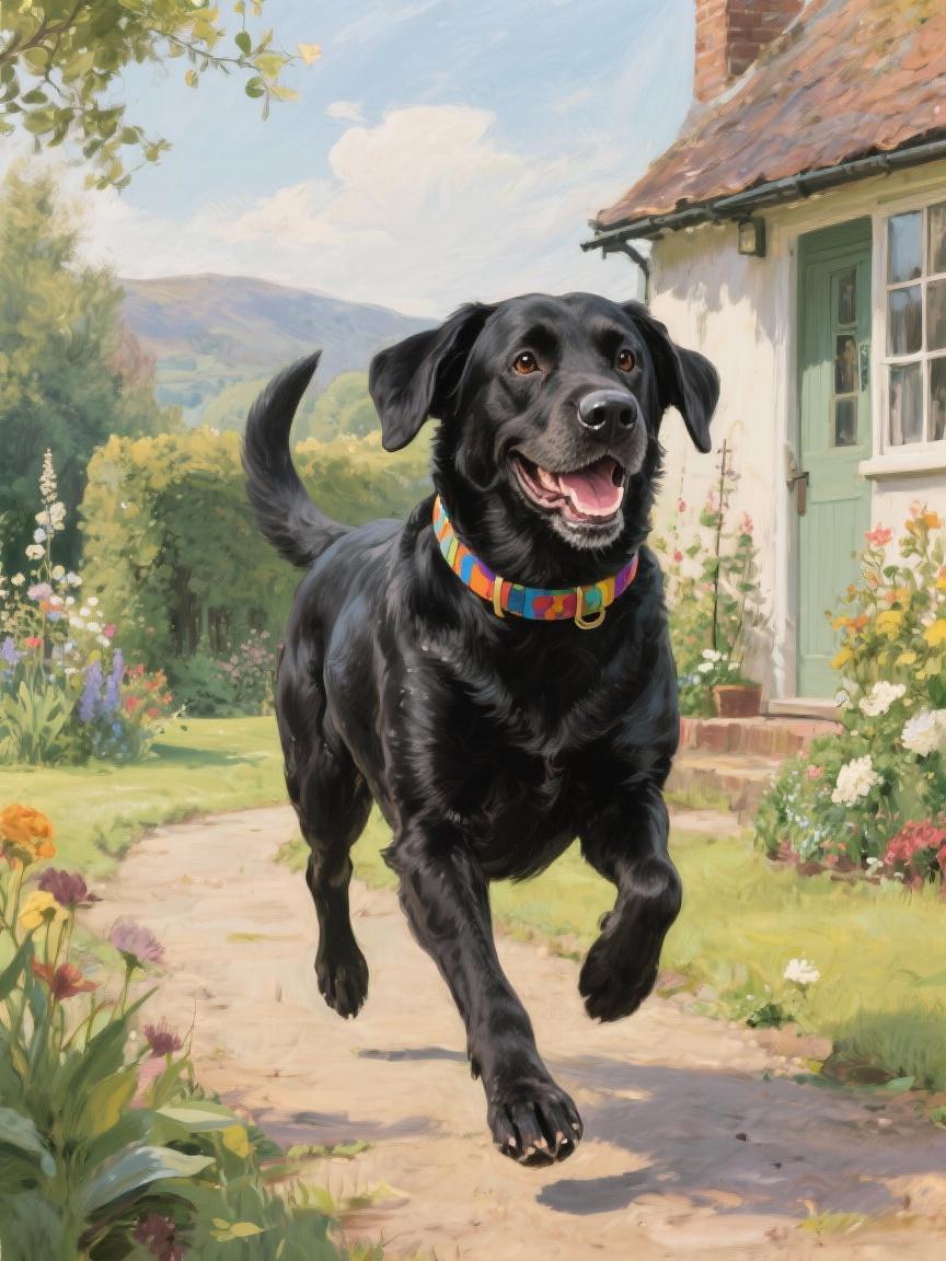 A black dog with a colorful collar is running happily on a dirt path in front of a white house with a green door and a flower garden.