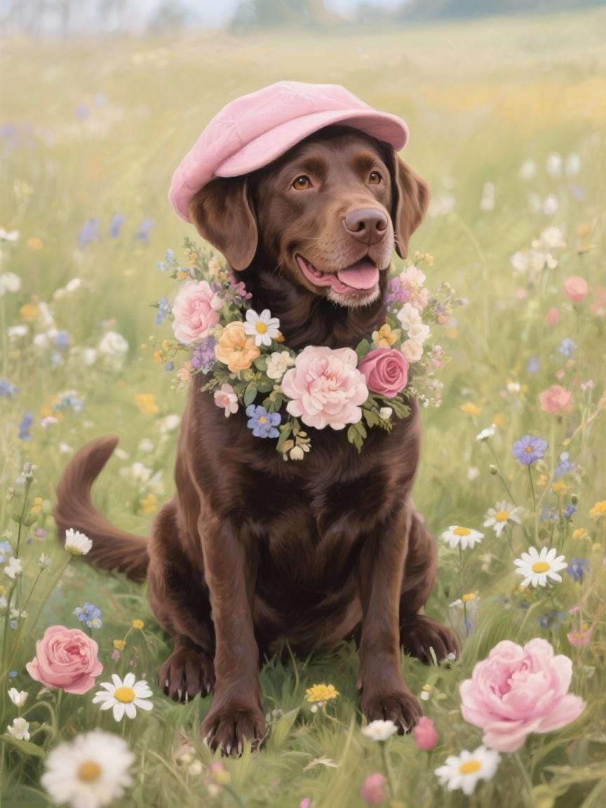 A brown dog wearing a pink hat and a floral collar sits in a field of colorful wildflowers.