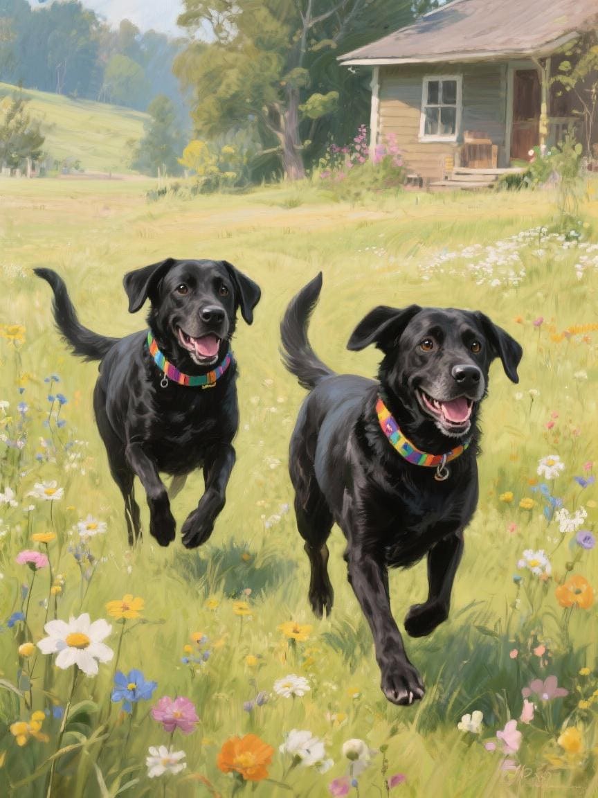 Two black dogs with colorful collars are running through a field of flowers, with a wooden cabin in the background.