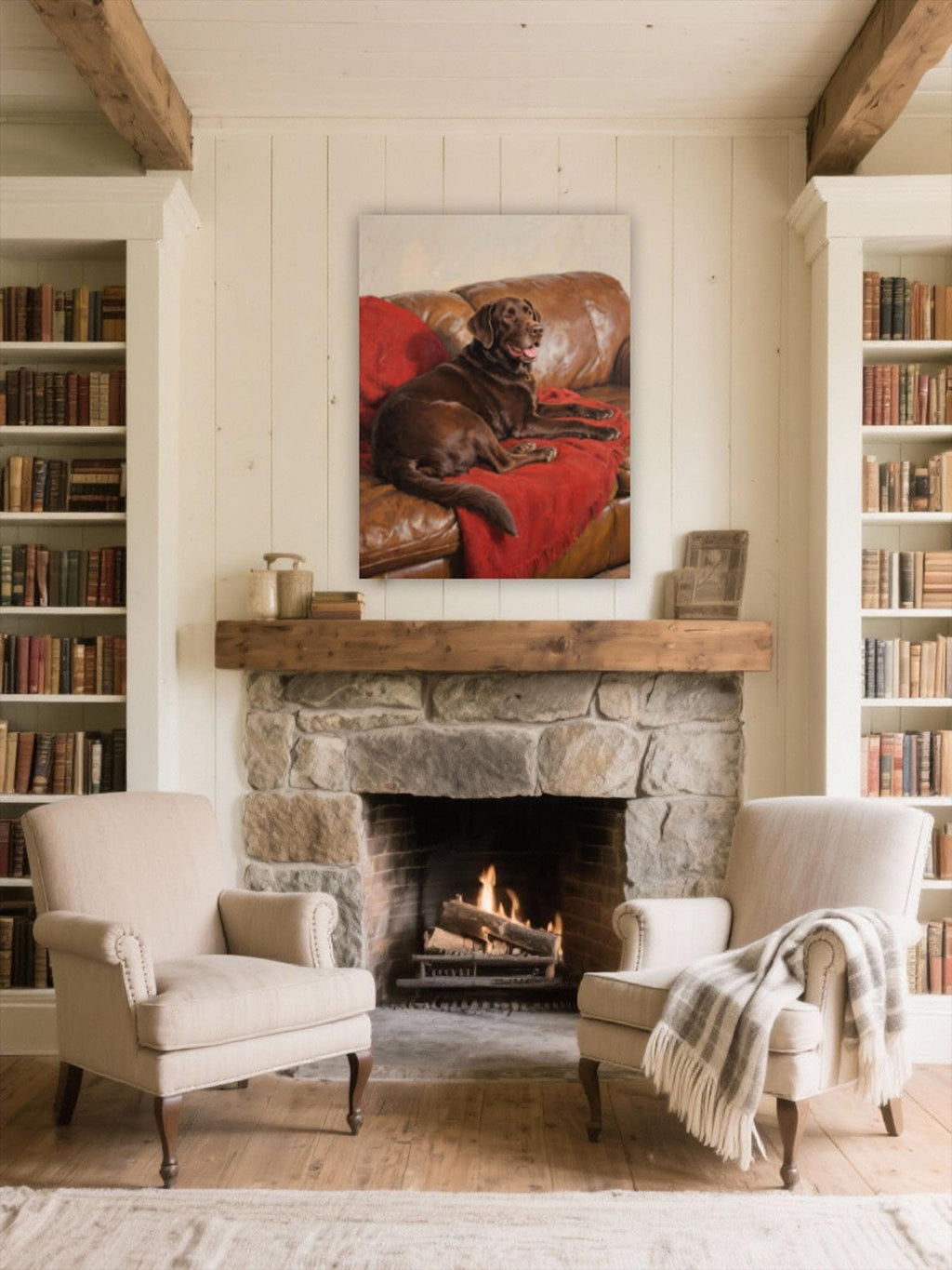 a cozy living room with a fireplace, two armchairs, and a large painting of a dog on the wall.