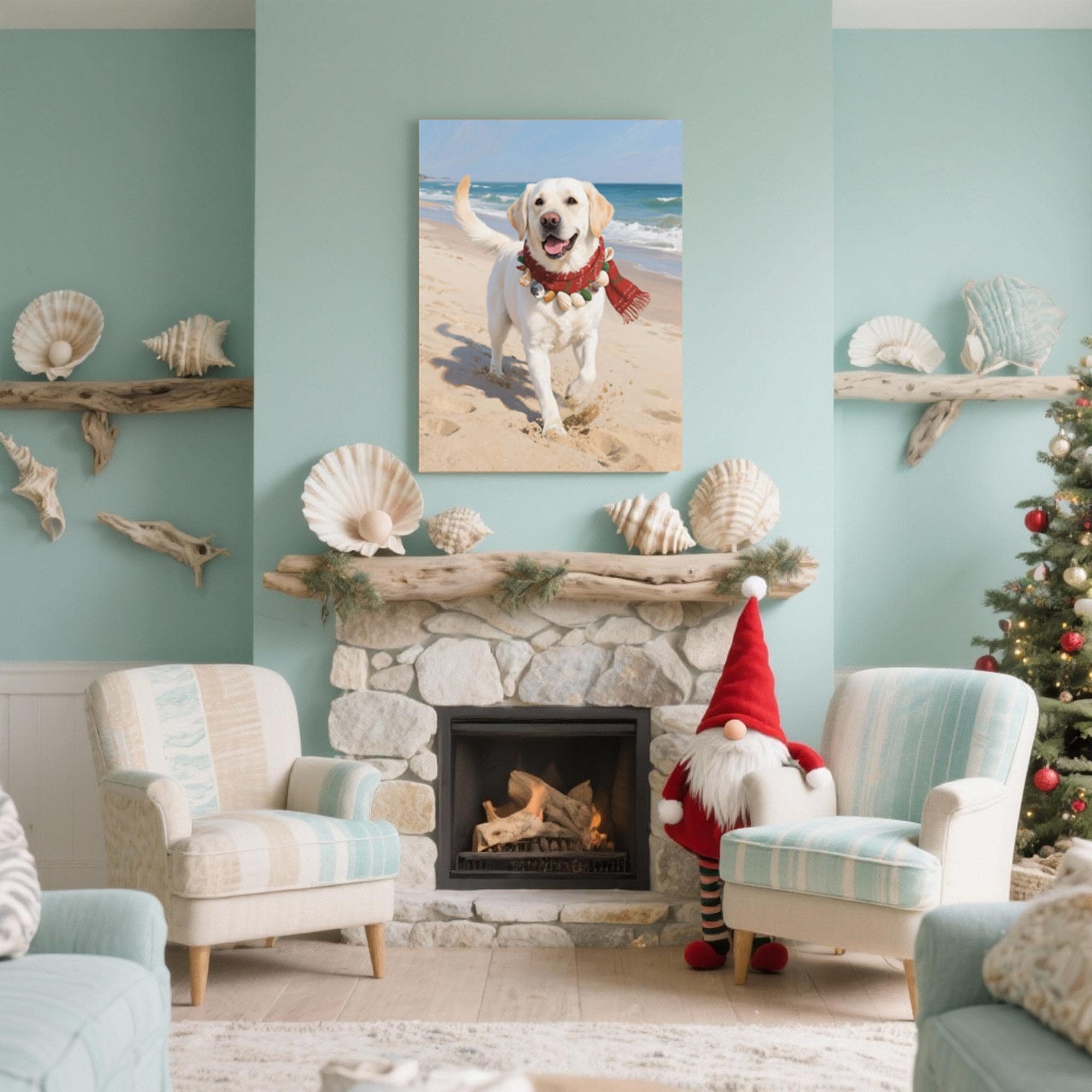 White Lab Beach Scene w/Scarf & Shells | Wall Art
