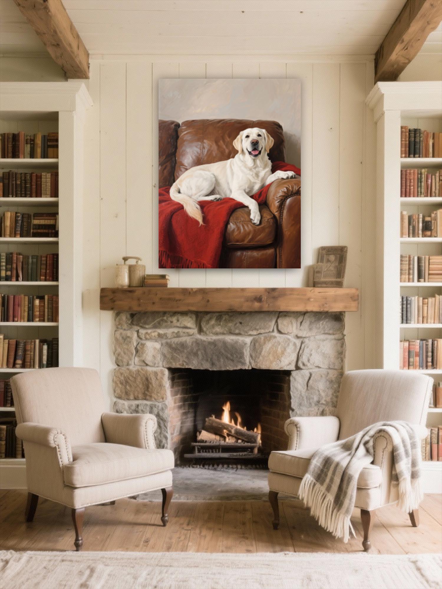 a cozy living room with a fireplace, two armchairs, and a large painting of a white dog sitting on a brown leather couch.