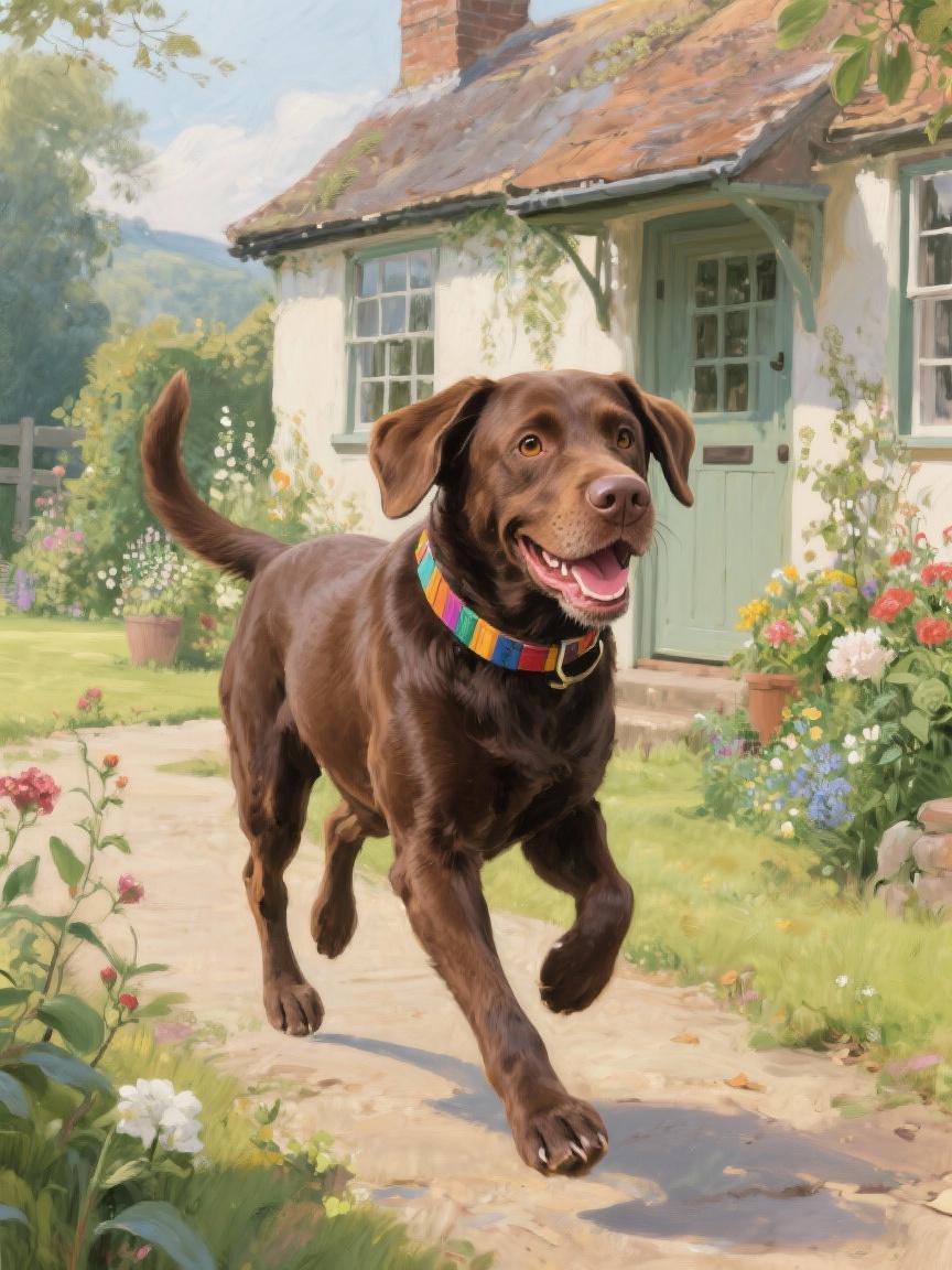 A brown dog with a colorful collar is running happily on a path in front of a quaint white house with a green door and a flower garden.