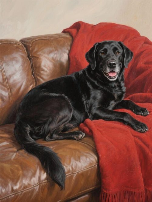 A black Labrador retriever dog is sitting on a brown leather couch, with its tongue out and looking directly at the camera.