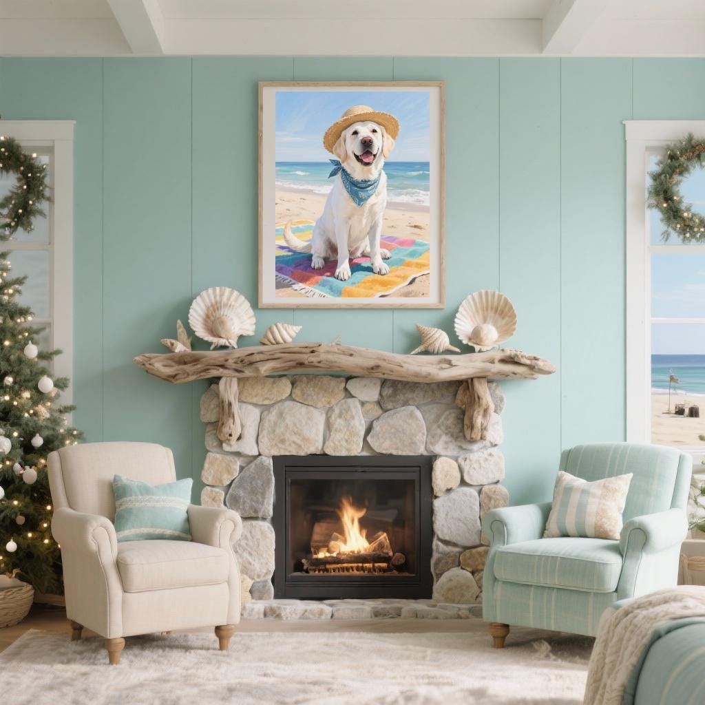 a cozy living room with a fireplace, a framed picture of a dog wearing a hat and sitting on a beach towel, and a Christmas tree in the corner.