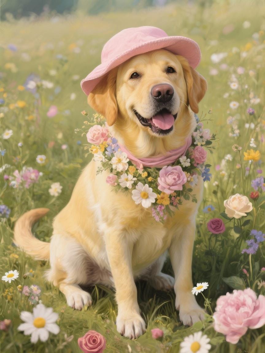A golden retriever dog wearing a pink hat and a floral collar is sitting in a field of colorful wildflowers.