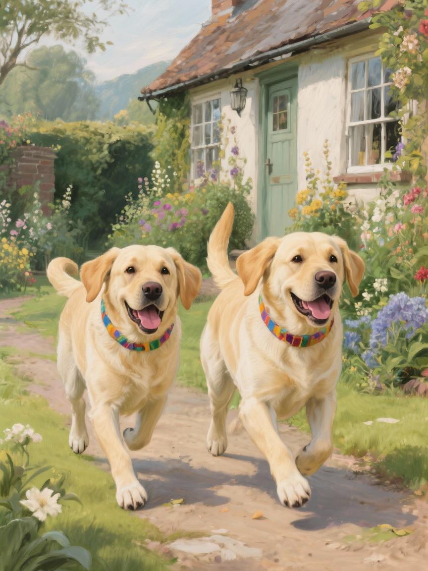 Two golden retrievers wearing colorful collars are running happily down a path in front of a quaint cottage surrounded by a lush garden filled with flowers.